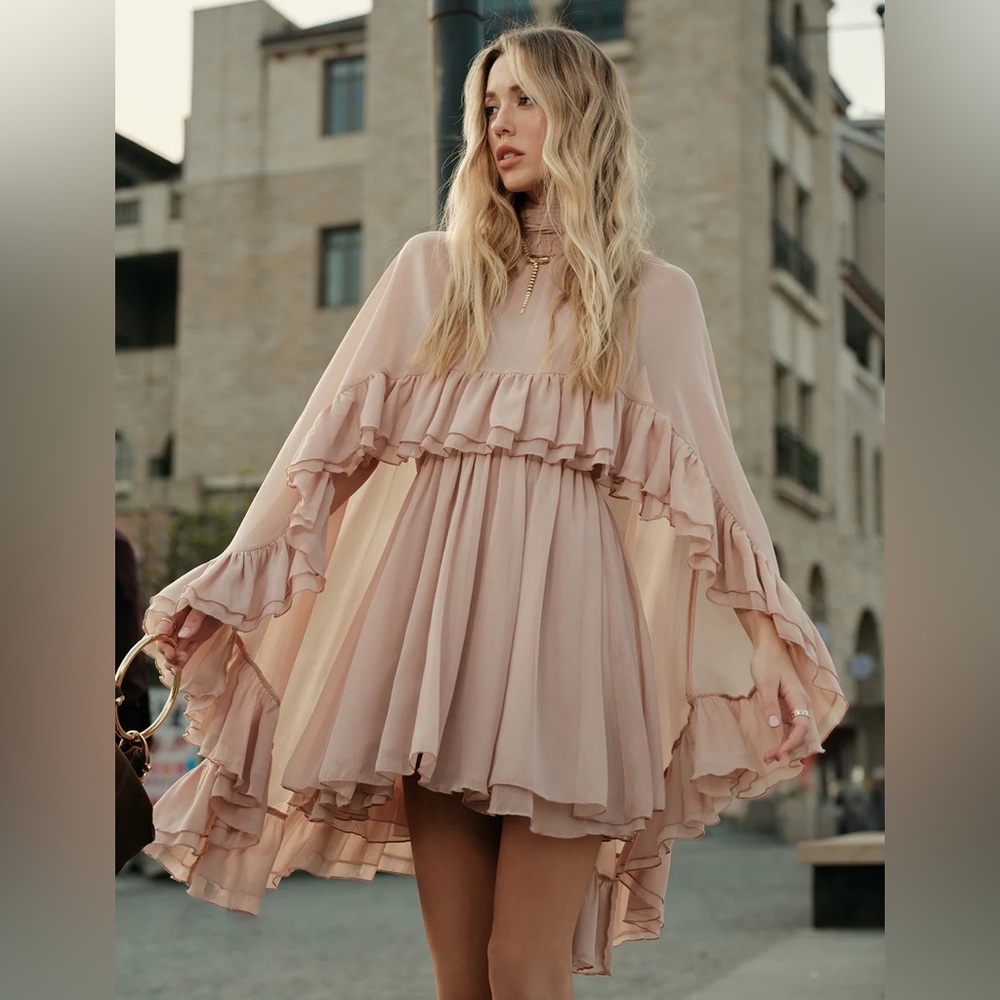 138 Semi-Sheer Chiffon Ruffle Dress With Outer Cape - Picture 3 of 5